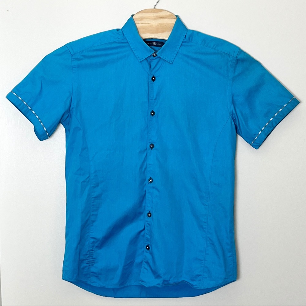 Stone Rose Short Sleeve Button Down Shirt Mens Size 2 Blue Slim Fit Quiet Luxury